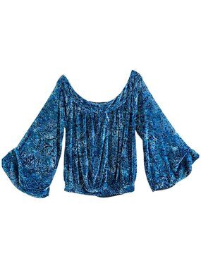 Free People Velvet Burnout Bell Sleeve Blouse Teal Sky Blue M Boho Festival